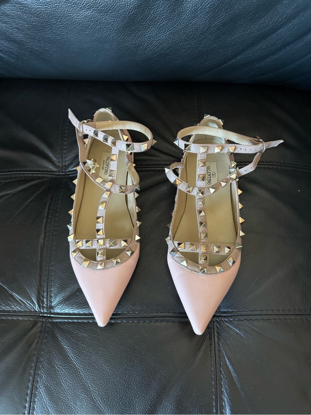 Valentino Garavani Blush Pink Rockstud Pointed Flats with Straps